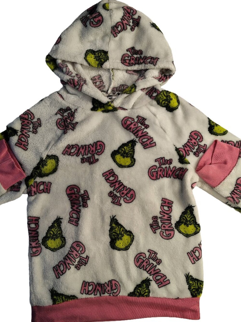 Girl's Medium Pink & White The Grinch Logo Themed Soft Fuzzy Hoodie